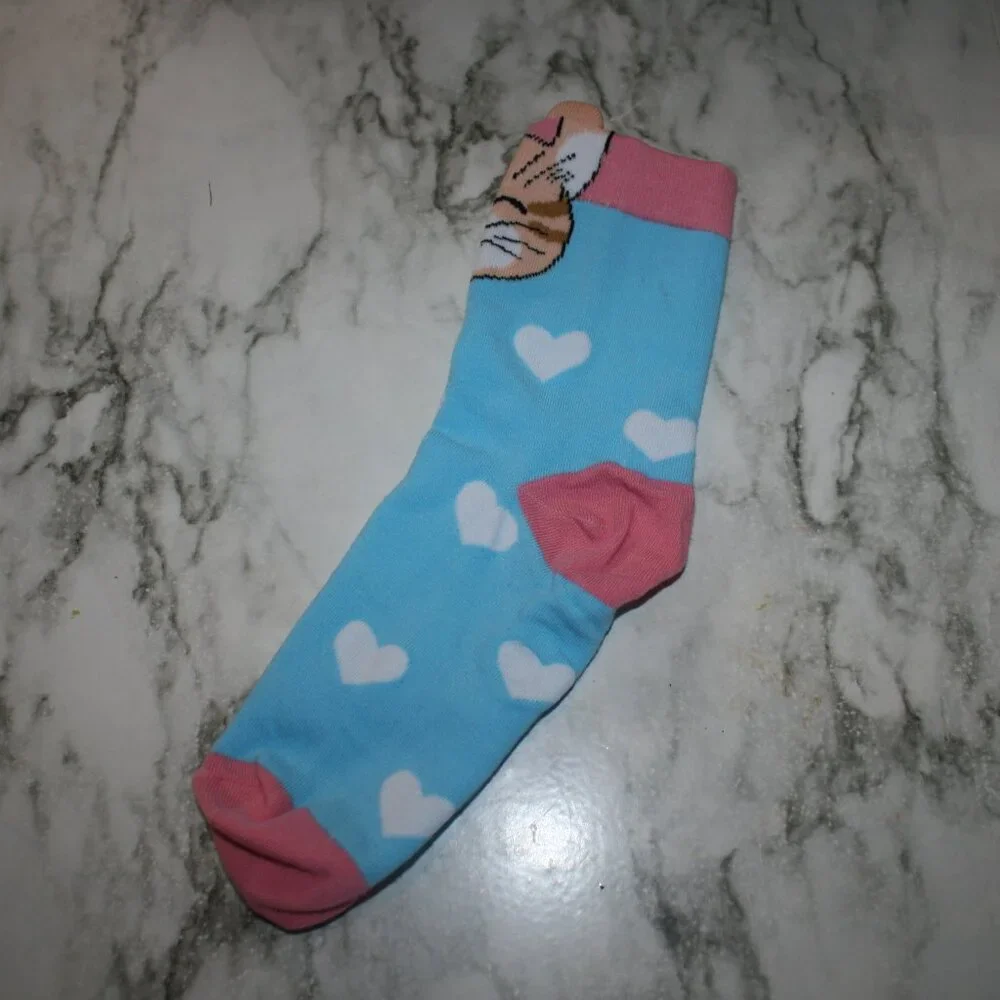 CAT LADY Socks Ankle Short Anklets Animal Print Hearts Orange White Multicolor